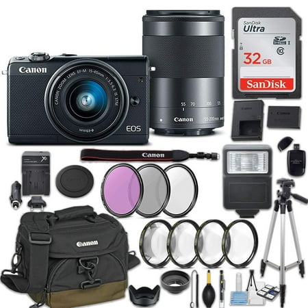 Canon EOS M100 Mirrorless Digital Camera w/EF-M 15-45mm f/3.5-6.3 & EF-M 55-200mm f/4.5-6.3 IS STM Bundle Black + Canon Gadget Bag + 32GB Memory + Professional Accessories - Filters, Macros &