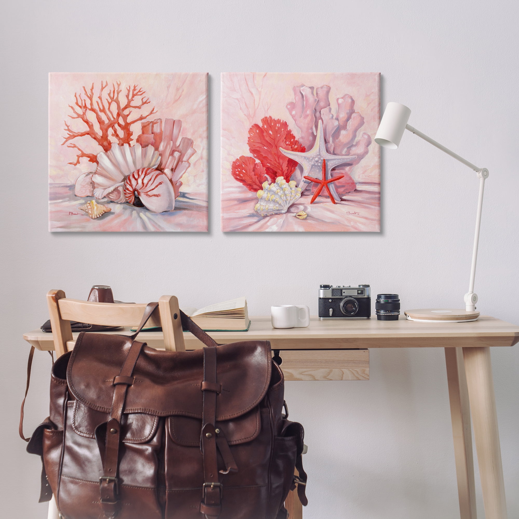 Stupell Industries Pink Coral Still Life Nautical & Beach Painting Wrapped Canvas Art Print Wall Art, 24 x 24, Set of 2