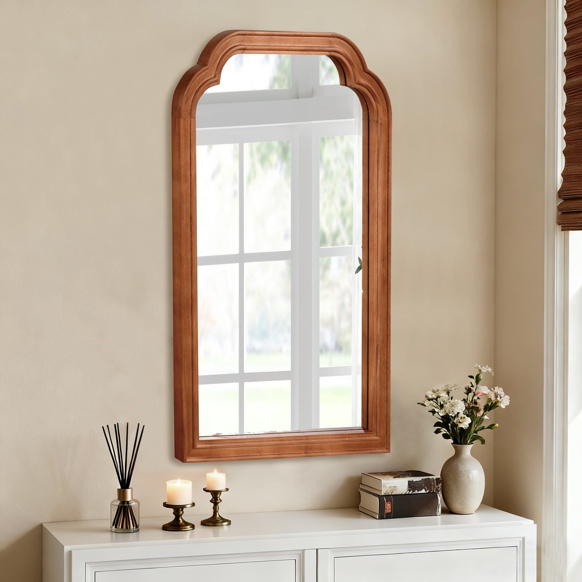 Jopath 24"x 36" Solid Wood Frame Rounded Corner Decorative Mirror, for Bedroom, Bathroom, Living Room, Entryway Yellowish Brown
