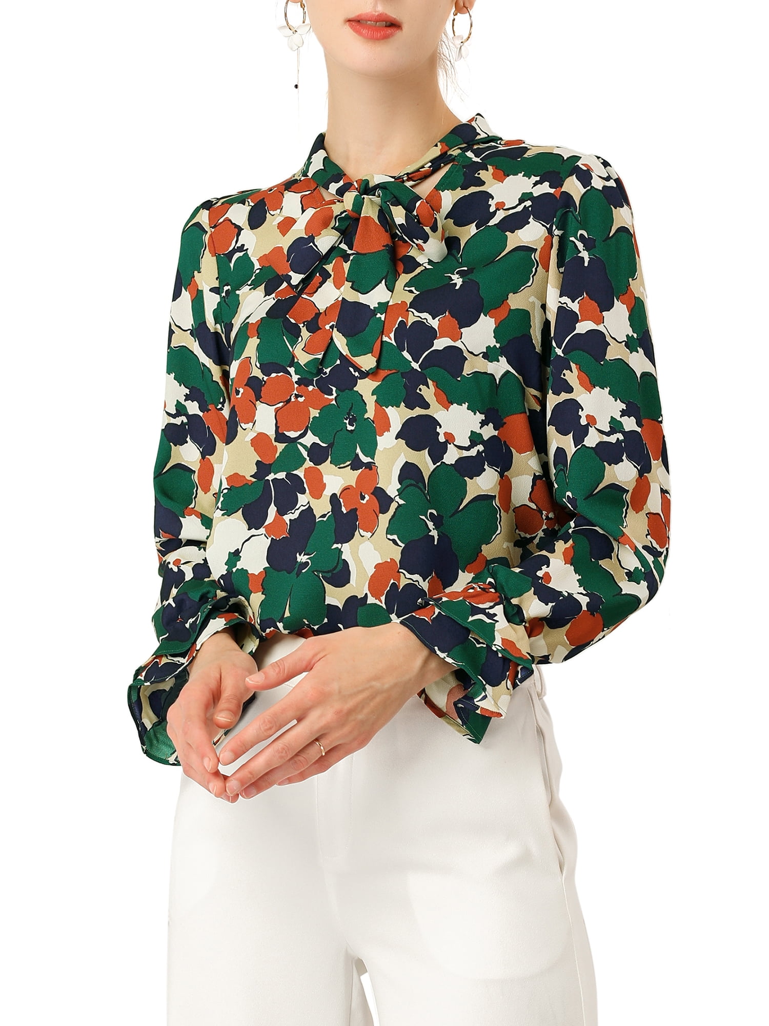 DARING DIVA Women's Tie V Neck Floral Shirt Trumpet Blouse L Green
