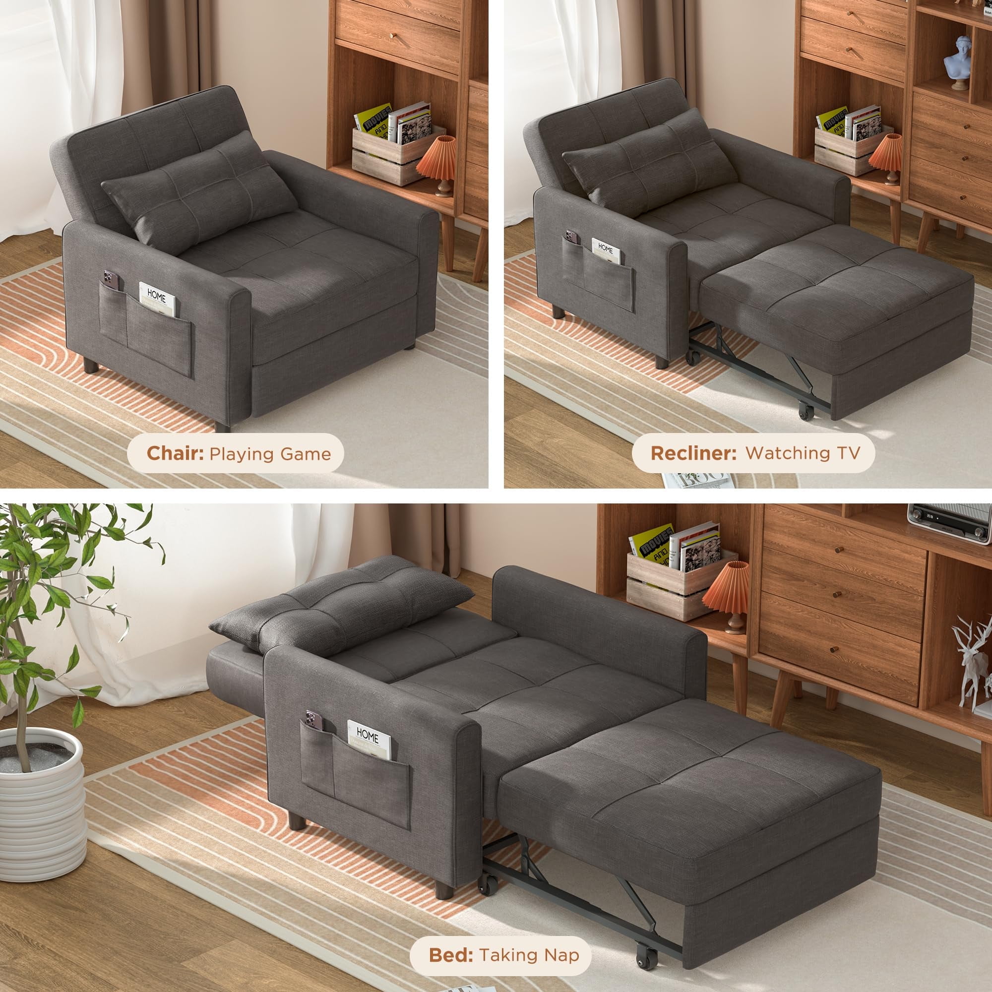 Couch Bed, Lofka Convertible Sofa and Couch Bed with Adjustable Backrest, Dark Gray Recliner