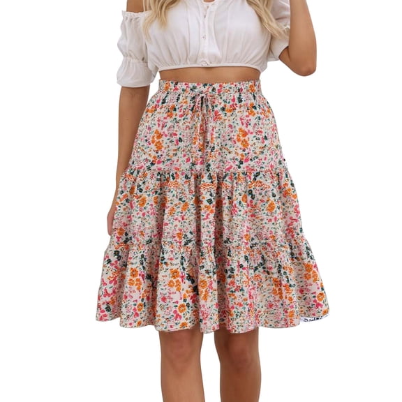 oqasdz Floral Prints A Line Skirts for Women High Waist with Flowy Design Ruffle Pleated Casual Loose Fit Summer Skirt for Outdoor Daily Wear