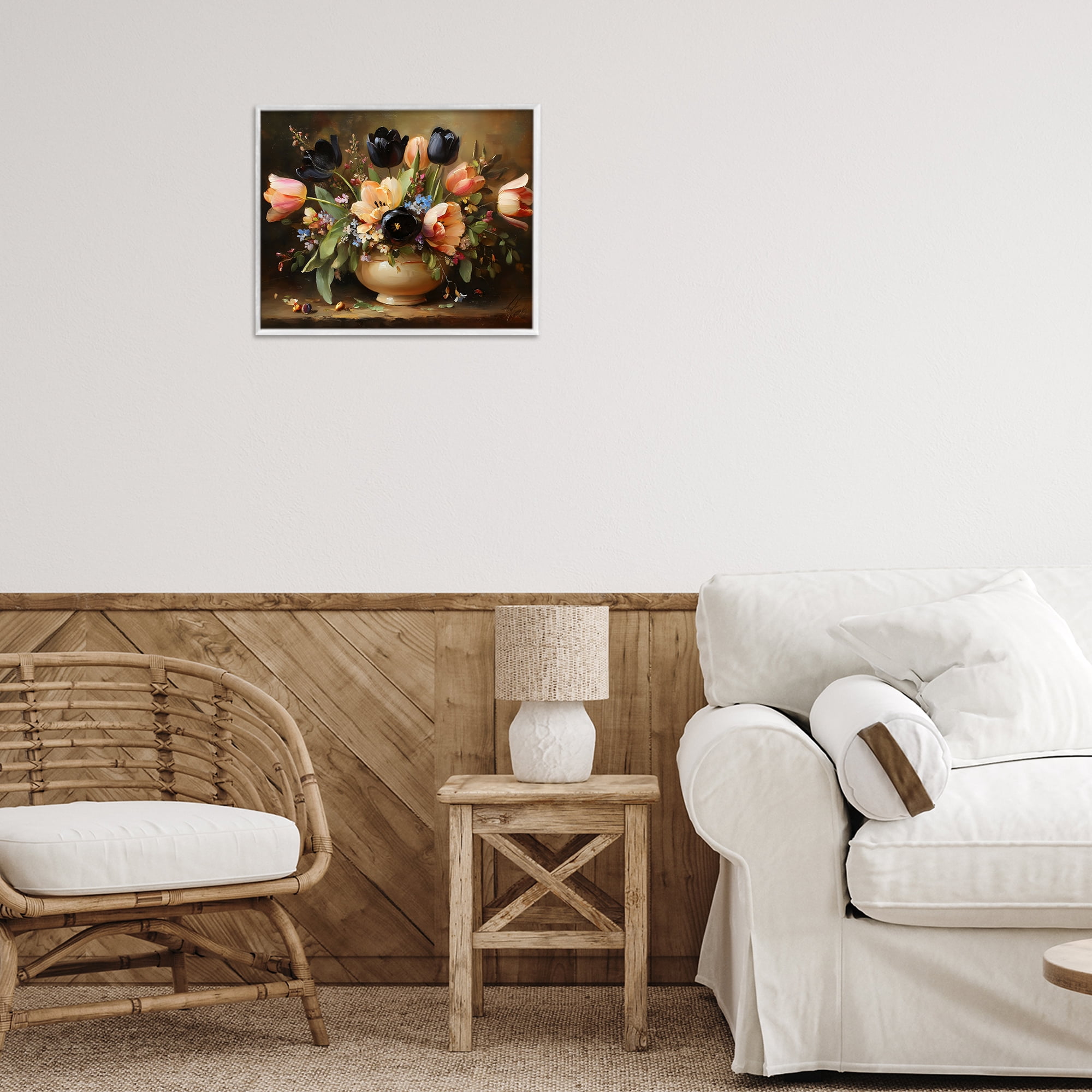 Stupell Industries Black Tulips & Peach Bouquet White Framed Giclee Art, design by Franklyn Gregory