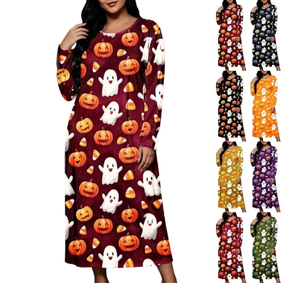 Stamzod Halloween Moomoo Nightgowns for Women Casual Loose Plus Size Sleep Shirt Pumpkin Ghost Print Long Sleeve T-Shirt House Dress XXL