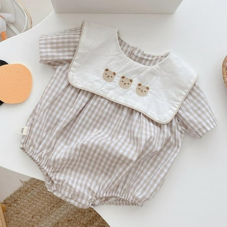 

Summer Baby Plaid Romper Cute Bag Fart Clothes Lapel Embroidery Thin Romper