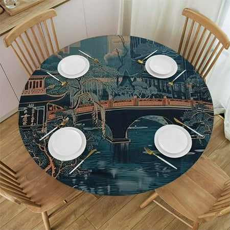 

BCIIG River Bridge Buildings Round Table Cover Stain Resistant Washable Indoor Outdoor Tablecloth Kitchen Dining Wedding Parties 100% Polyester Table Cover with Elastic Edge 31 -35
