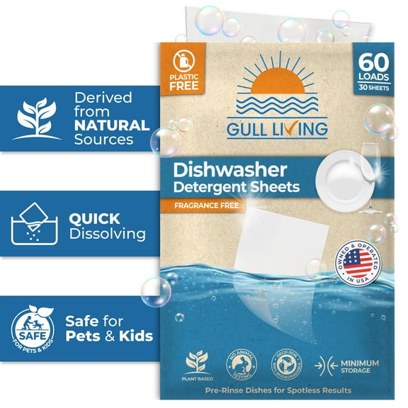 Gull Living Fragrance-Free Dishwasher Detergent Sheets 30 Count, 60 Loads