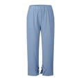 thumbnail image 4 of Ludearly Linen Pants for Women Beach Summer Plus Size Elastic Waist Straight Leg Crop Button Casual Trousers with Pockets, 4 of 5