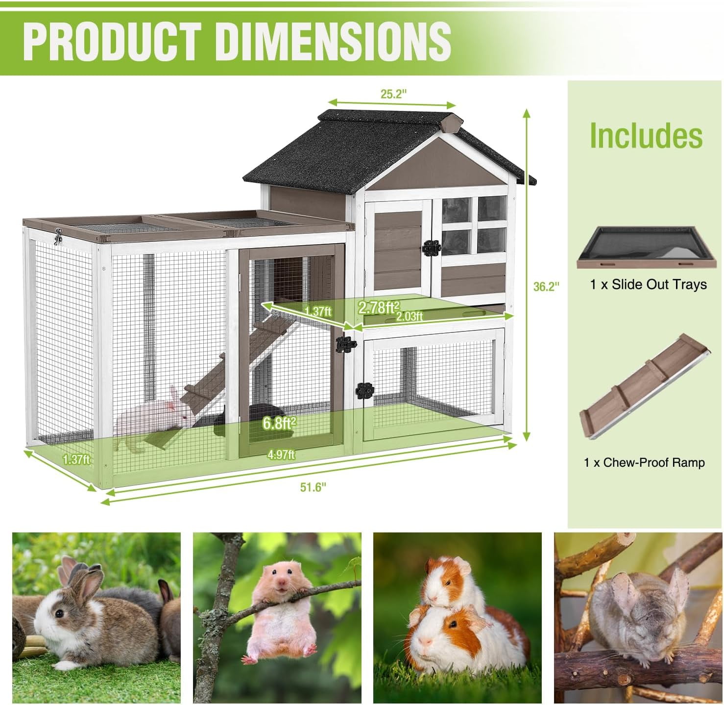 MEDEHOO Large Rabbit Hutch Indoor 2-Level Wooden Chicken Coop Outdoor Bunny Guinea Pig Cage with Run, Chew-Proof Ramp, Leak-Proof Pull Out Tray, Lockable Doors for Small Animals (Brown & White)