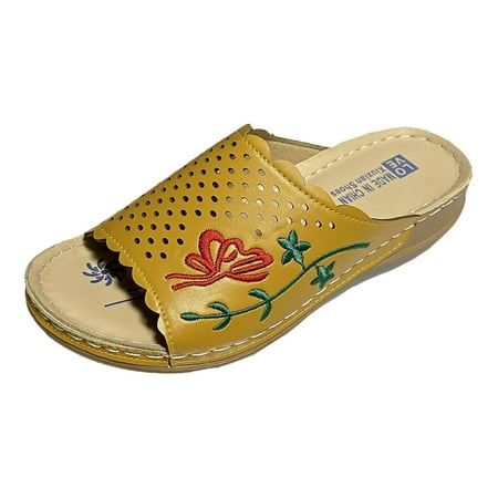 

Lhked Women s Casual Thick Sole Hollowed Out Comfortable Slippers Embroidered Sandals Summer Comfort Sandals Mother s Day Gifts& Yellow