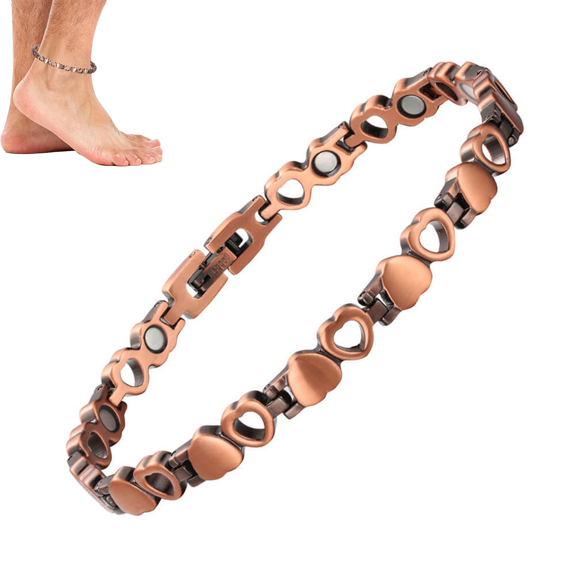 Women's Heart Shaped Pure Copper Anklet, Adjustable Chain 9.0-9.6-10 Inches with Inlaid Magnets
