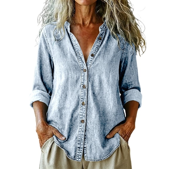 Ltctricy Women's Button down Denim Shirt Collared Casual Long Sleeve Tops Fall Loose Fit Trendy Jean Shirt