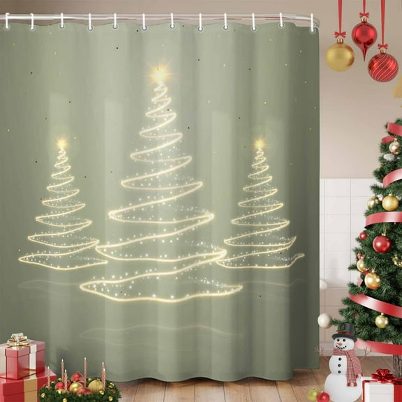 Chritsmas Tree Lights Shower Curtain, Sage Green Xmas New Year Holiday Waterproof Fabric Shower Curtains with 12 Hooks, Bathroom Curtain Set for Bathroom Accessories Decor, 60 x 72 Inches