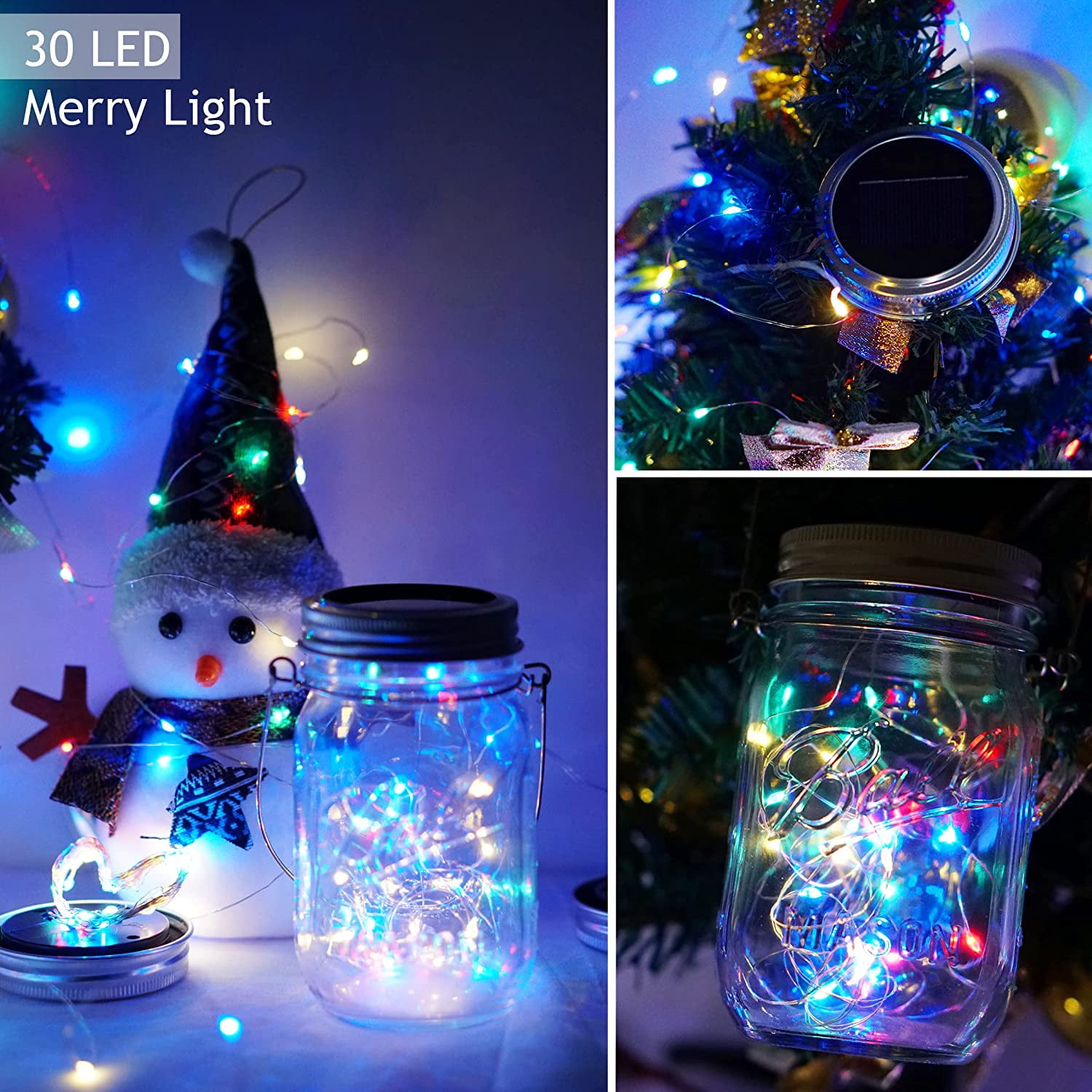 Soapow 6Pcs Solar Mason Jar Lights Lids for Outside, 30 LED Outdoor Hanging Solar Fairy Lights with 6 Handles for Garden Patio Porch Lawn Yard Fence Wedding Table, Multicolor (No Jars)