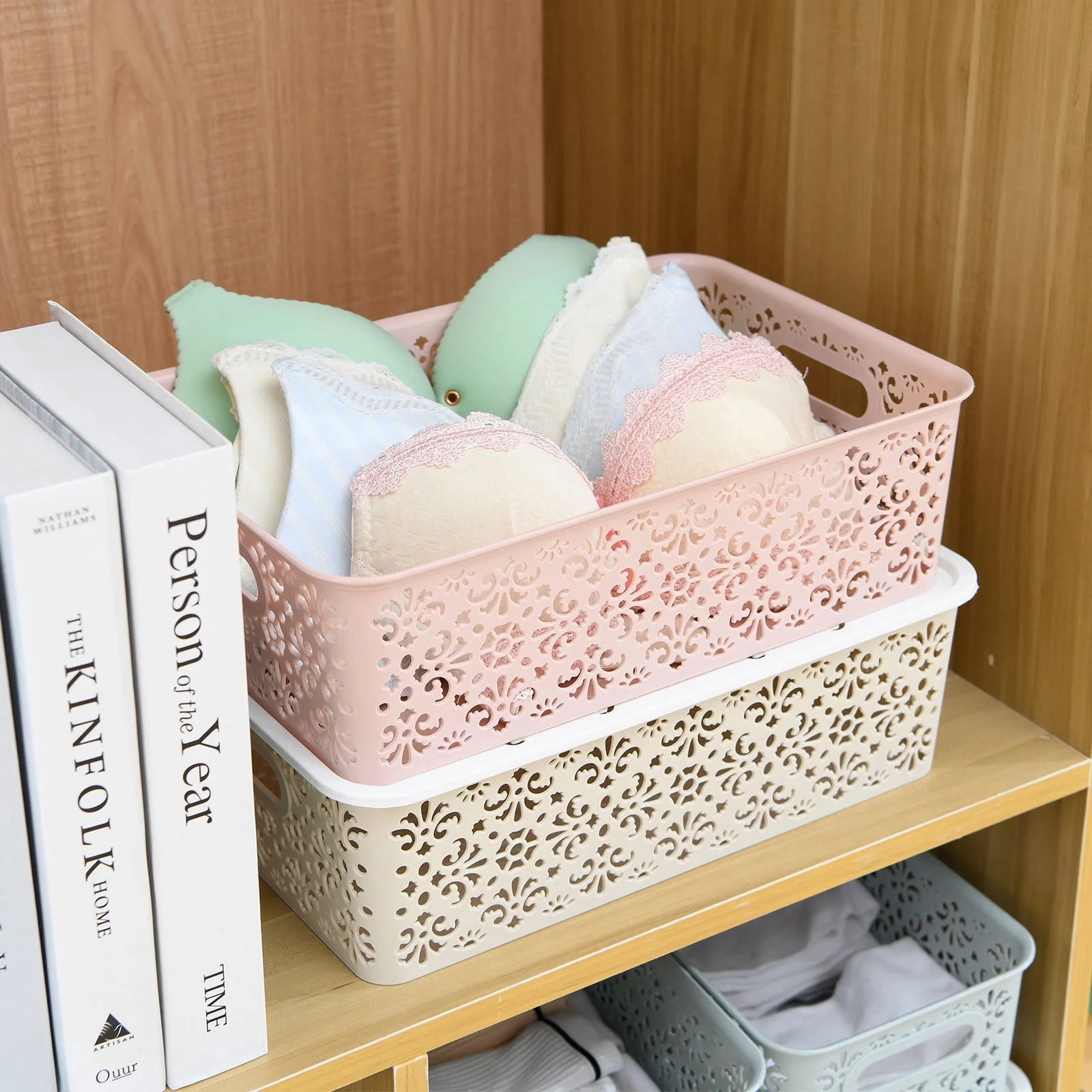 TEAFIRST Set of 4 Storage Bins, Organizer Container with Lids Stackable for Bathroom, Plastic, Pink
