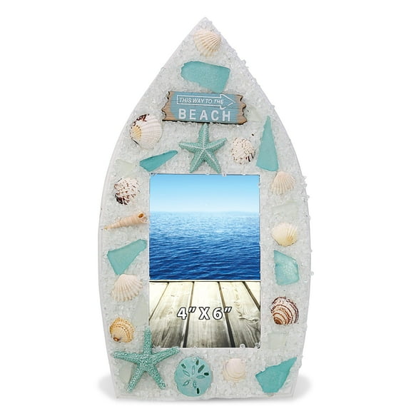 CoTa Global Oceanic Boat 4x6 Photo Frame - Ocean Picture Holder with Accent of Starfish and Seashell Ornaments, Beach Frame for Summer Beach Photos, Handcrafted Fun Picture Frames – 12 Inches