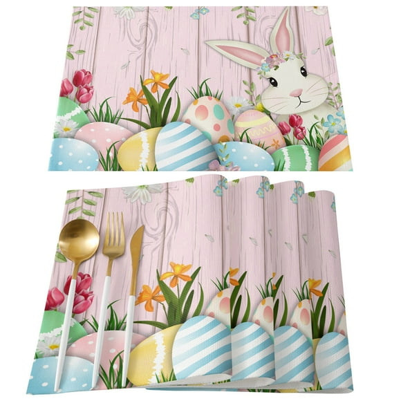 Binwennn Ensemble de Table à Souper Motif de Lapin de Pâques et d'Oeufs en Lin Imprimé Cuisine Salle à Manger Napperon Décoratif Isolé (5)