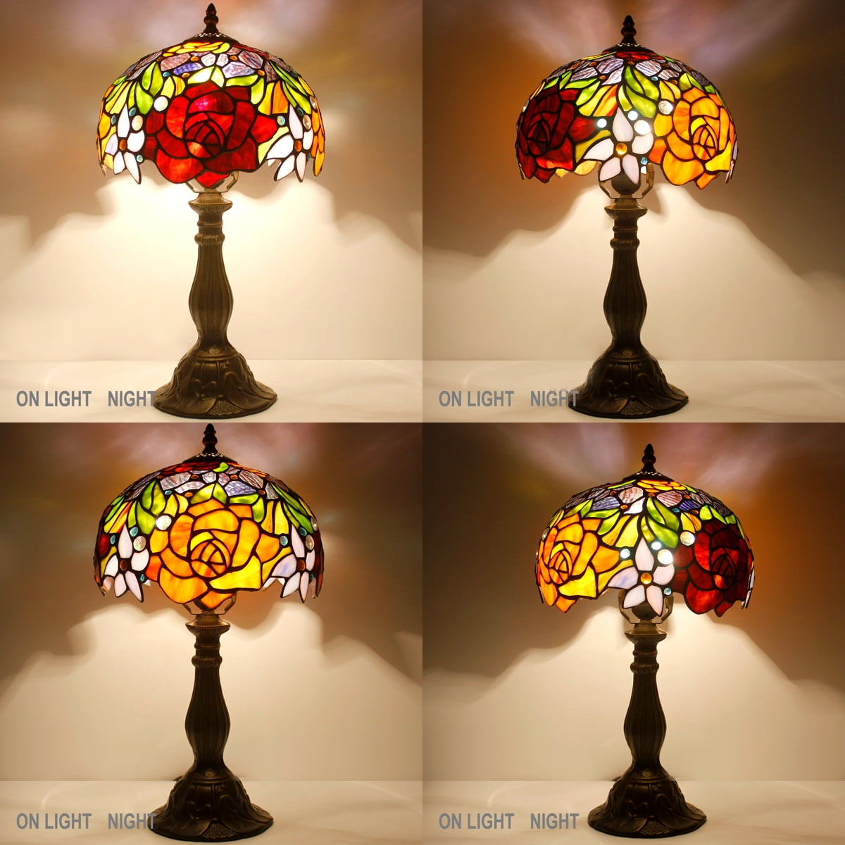 Werfactory 18” Victorian Energy Efficient Bronze Table Lamp with Stained Glass Rose Shade