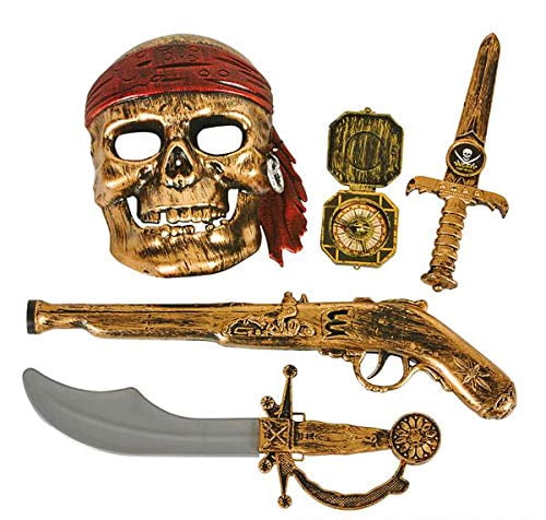 pirate set plastic eye patch sword treasure coins gun Halloween costume 