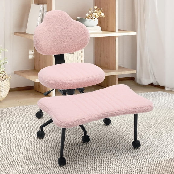Kicctian Cross Legged Office Chair, Cross Desk Chair ADHD Meditation Kneeling Yoga Chair with Adjustable Height, Cloud Backrest and Wider Footrest, Teddy Fabric, Pink