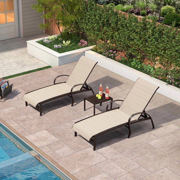 PURPLE LEAF Outdoor Chaise Lounge Chair Set of 3 with Side Table Adjustable Aluminum Chairs Light Khaki for Outside Yard Patio Pool Garden Beach