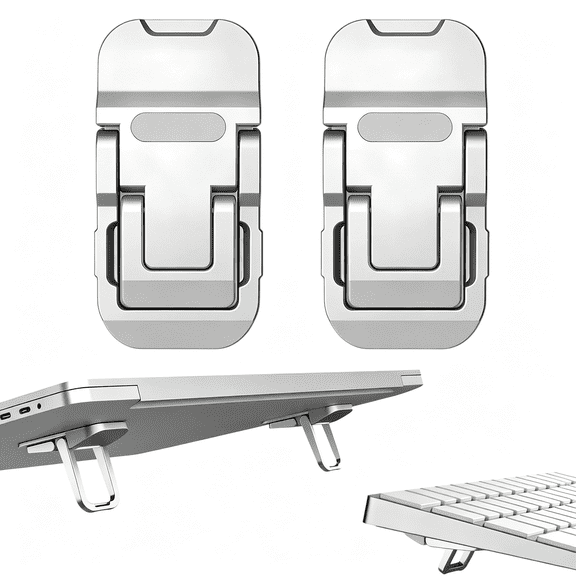 GJX 2 Pcs Zinc Alloy Foldable Laptop Stands, Portable Computer Keyboard Riser Feet with 2 Adjustable Angles, Self-Adhesive Invisible Mini Keyboard Stand for Notebook 10-17”Es