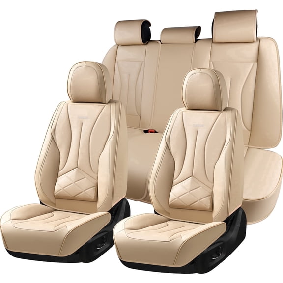 FLORICH Full Set Leather Car Seat Covers, Waterproof Front and Rear Seat Covers for Cars, Automotive Seat Protector Fit for Most Car SUV Truck, Beige