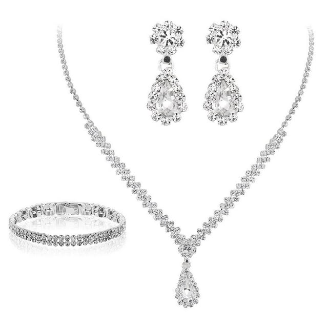 Jewelry Sets For Women, Silver Jewelry Set For Women Rhinestone Crystal Necklace Link, Bangle Drop Bridal Bracelet Earrings