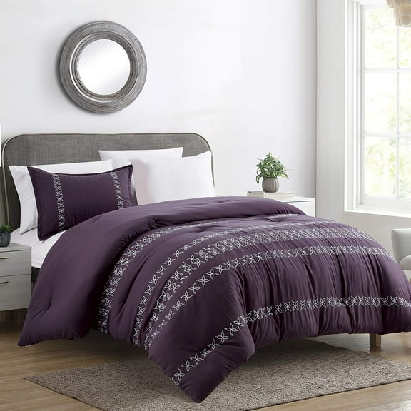 Twin Comforter Set 2 Piece Soft Luxurious Brushed Microfiber Mauve Purple White Embroidered Bedding with Pillow Sham-Maria (Twin)