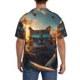 thumbnail image 3 of Xecao Cool Cat Driving Sunset Pattern Men's Short-Sleeve Cuban Collar Button-Down Shirt with Chest Pocket Lightweight Tropical Vacation Shirt-3X-Large, 3 of 5