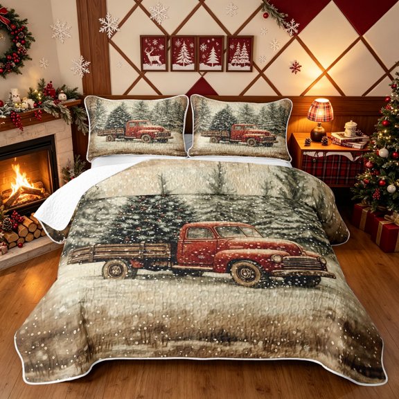Erosebridal Farmhouse Truck Twin Quilt Set, Christmas Tree Twin Coverlet Set, Brown Tan, 2pcs, 1 Bedspread and 1 Pillowcase