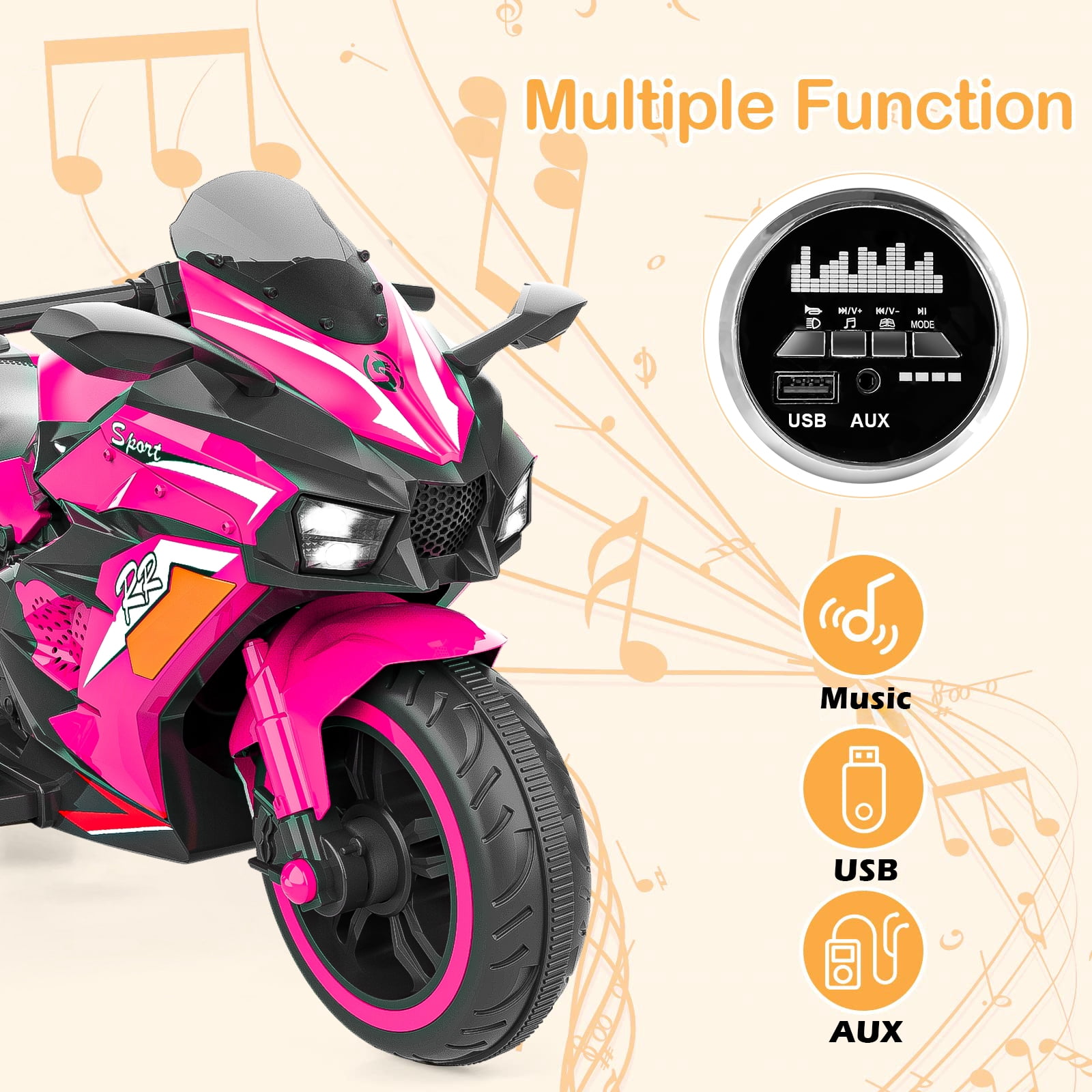 Techvida Electric Motorcycle for Kids,12V Battery Powered 2 Wheels Motorcycle Toy with Bluetooth, Music, Light