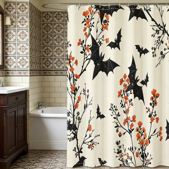 Spooky Black Bat Orange Blossom Silhouette Shower Curtain, Halloween Home Renovation Party Bathroom Decor