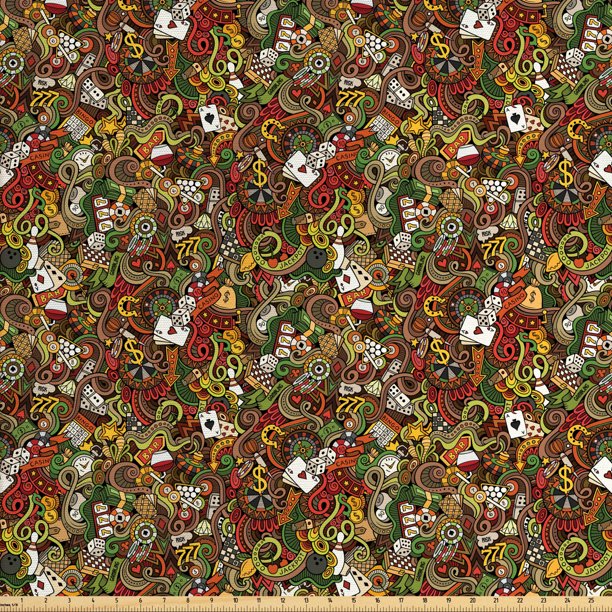 Casino Fabric by The Yard, Doodles Style Artwork of Bingo and Cards