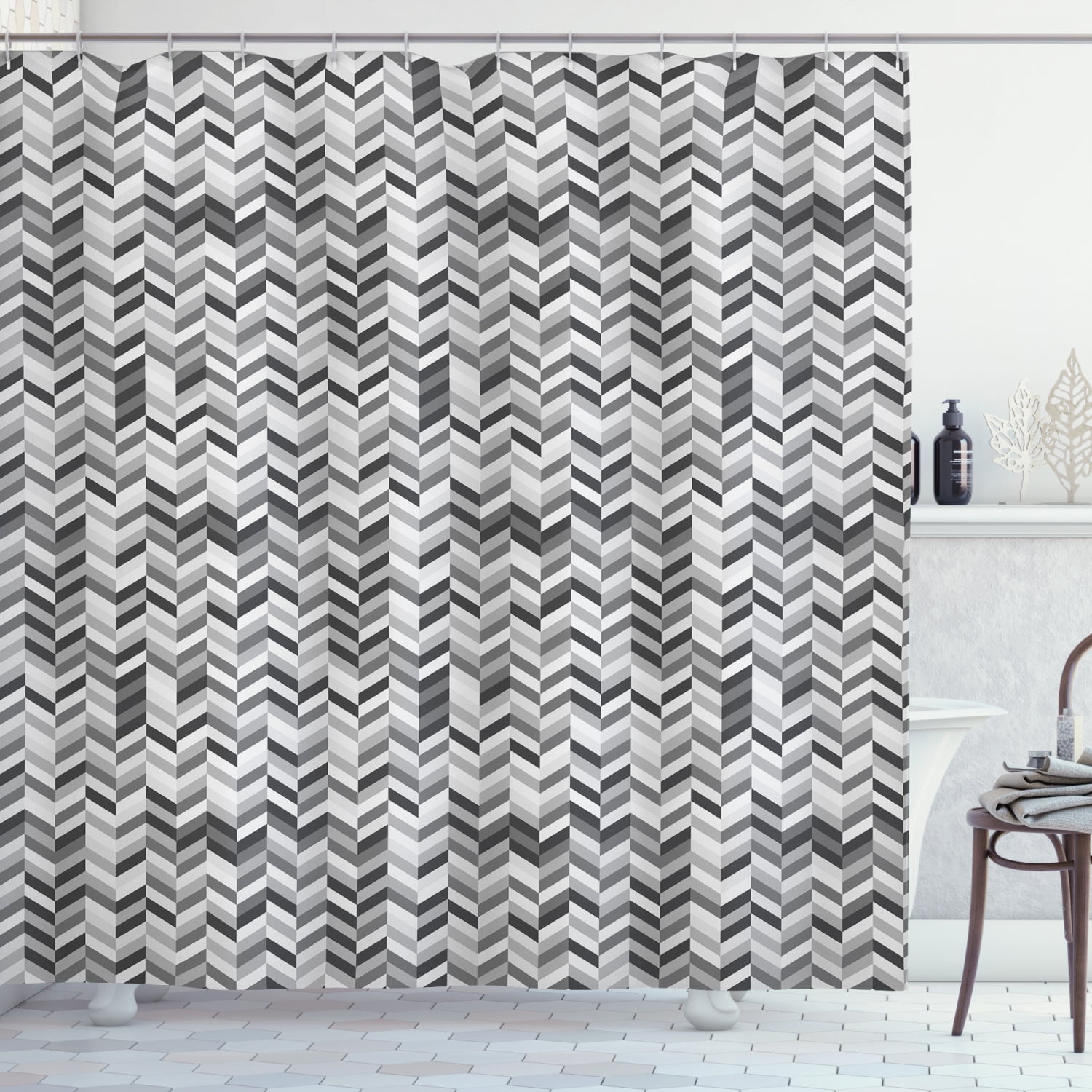 Grey Chevron Shower Curtain, Herringbone Geometric Minimalist Fractal Waves Image, Fabric