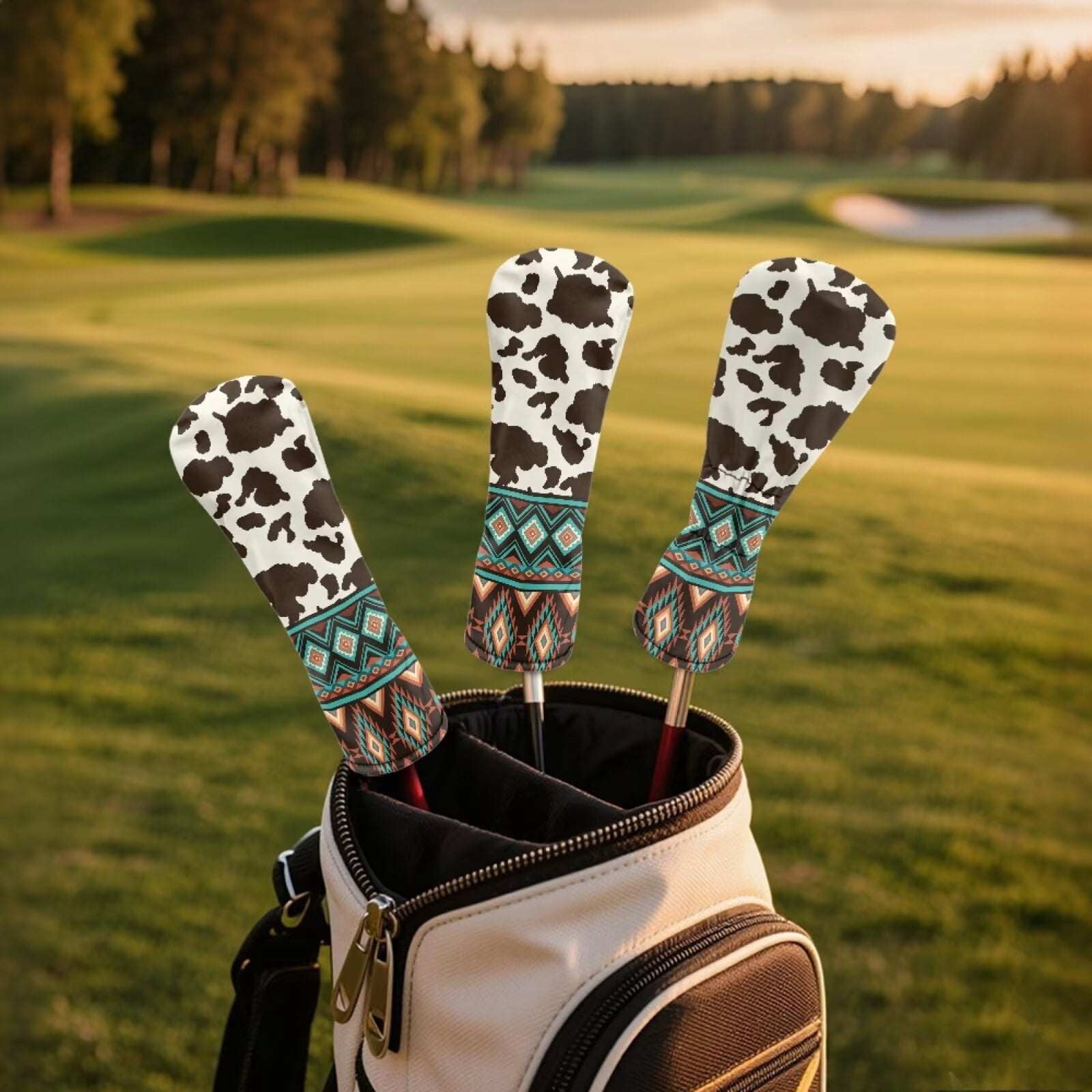 Uorisanigo Golf Club Head Covers, 3Pcs Golf Club Headcovers Set with Soft Lining, Fairway Wood Head Cover, Aztec Cow Print Driver Headcover PU Waterproof Accessories Gift for Women Men
