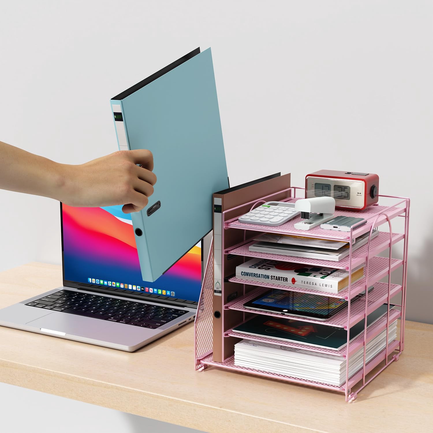 6-tier Paper Organizer With Magazine Holder  Desk Organizers And Accessories & Workspace File For Office Supplies Storag (pink 6-tier)