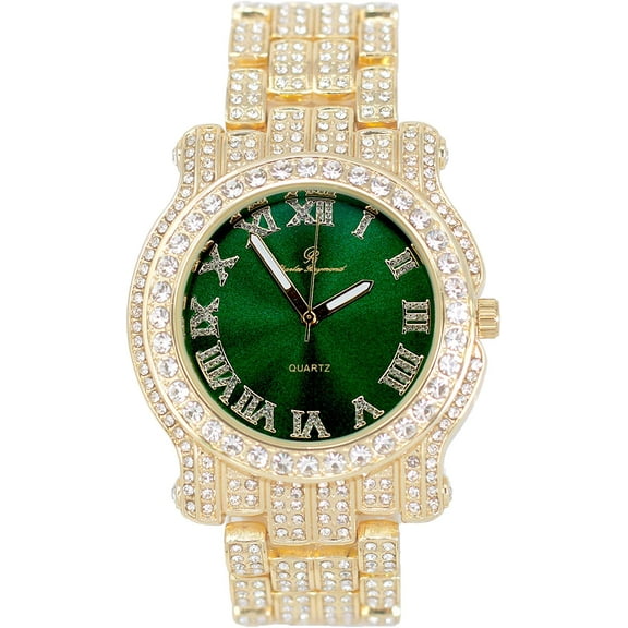 Charles Raymond Bling-ed Out Ultimate Hip Hop Royalty Mens Watch w/Easy Reader Roman Numeral or Diamond Time Indicators - L0504RN Gold Money Green - L0504