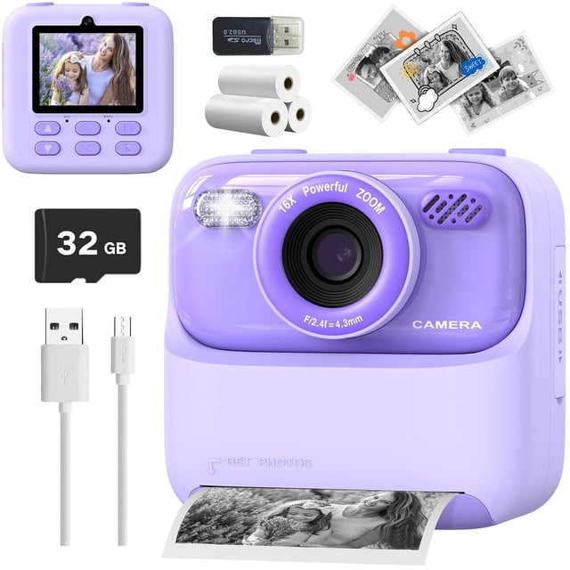 Cámara para niños Magolo Magolo con impresión instantánea de fotos y vídeos HD, color morado