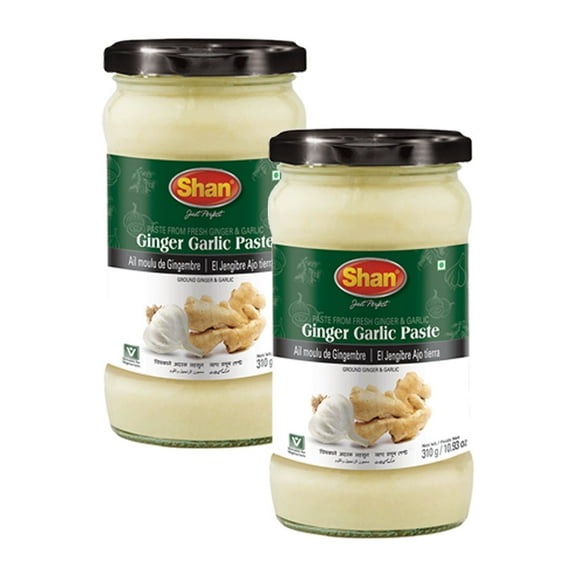 Shan Ginger Garlic Paste 10.93 oz (310g) - Traditional Taste Enhancing Cooking Paste from Fresh Ground Ginger and Garlic - Suitable for Vegetarians - Airtight Glass Jar (Pack of 2)