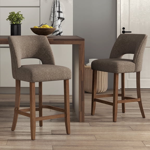VKNOW Bar Stools Set of 2, 26" Upholstered Counter Height Bar Stools, Modern Counter Stools with Wood Legs for Kitchen Island Dining Room Bar,Brown