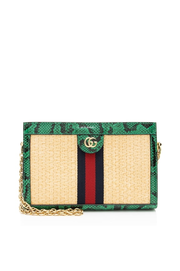 Pre-Owned Gucci Raffia Python Ophidia Medium Chain Shoulder Bag