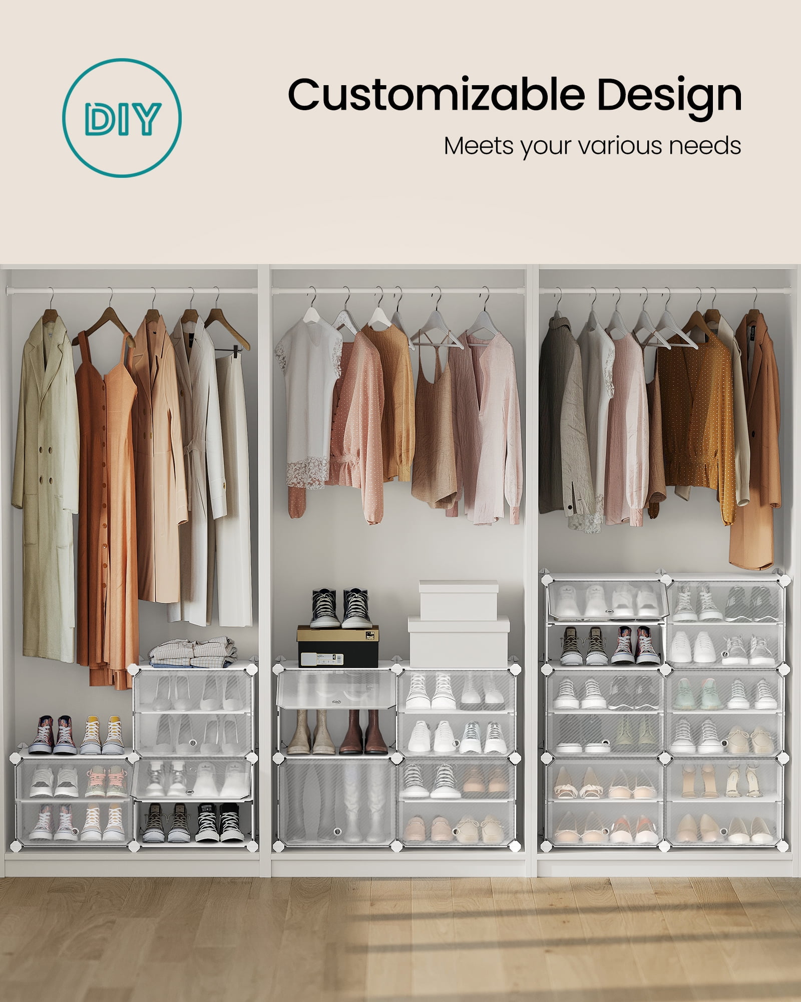 SONGMICS Shoe Rack Organizer, 12-Tier Shoe Storage Cabinet for Closet and Entryway, Holds 48 Pairs of Shoes, Adjustable, Cloud White and Trasparent