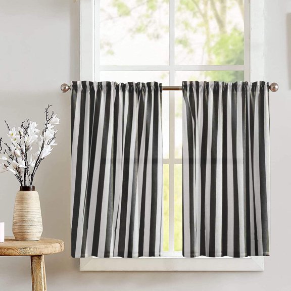 Cotton 1 Inch Wide Stripes Print Café Tier Curtains Window Treatment Kitchen Home Décor