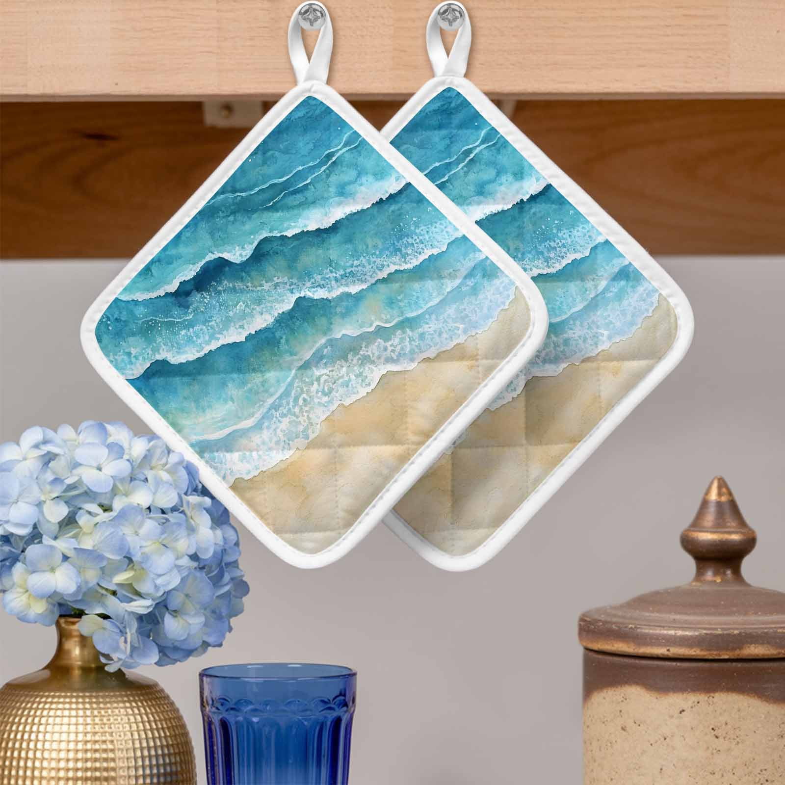 Aqua Coastal Pot Holders for Kitchen Heatproof Potholder, 4 Pack Nautical Summer Beach Ocean Beige Hot Pads Multipurpose Oven Pads Cloth Potholders Trivet for Cooking and Baking