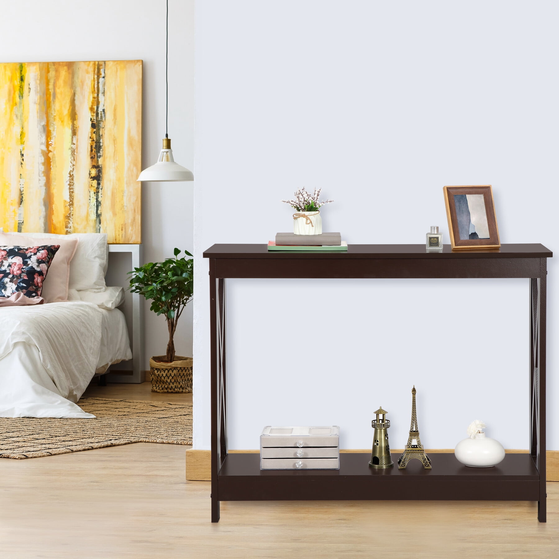 SuperDeal Dark Brown Console Table 2-Tier MDF Entryway Table X-Design Storage Display Shelf Indoor