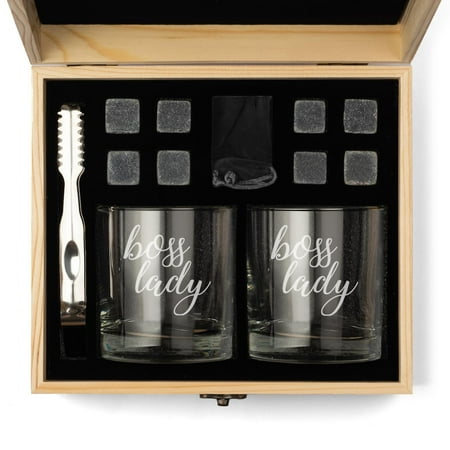 

Whiskey Glass Gift Box Set with Whiskey Stones and 2 Rocks Glasses Boss Lady