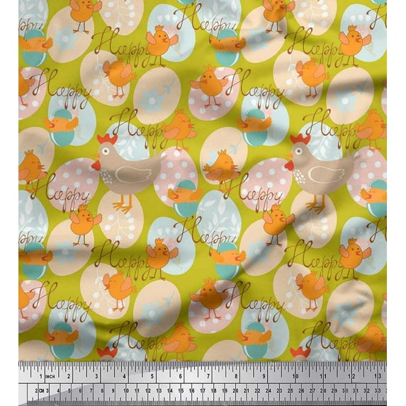 Soimoi Georgette Viscose Fabric Egg,Chick & Hen Kids Printed Craft Fabric by The Yard 42 Inch Wide