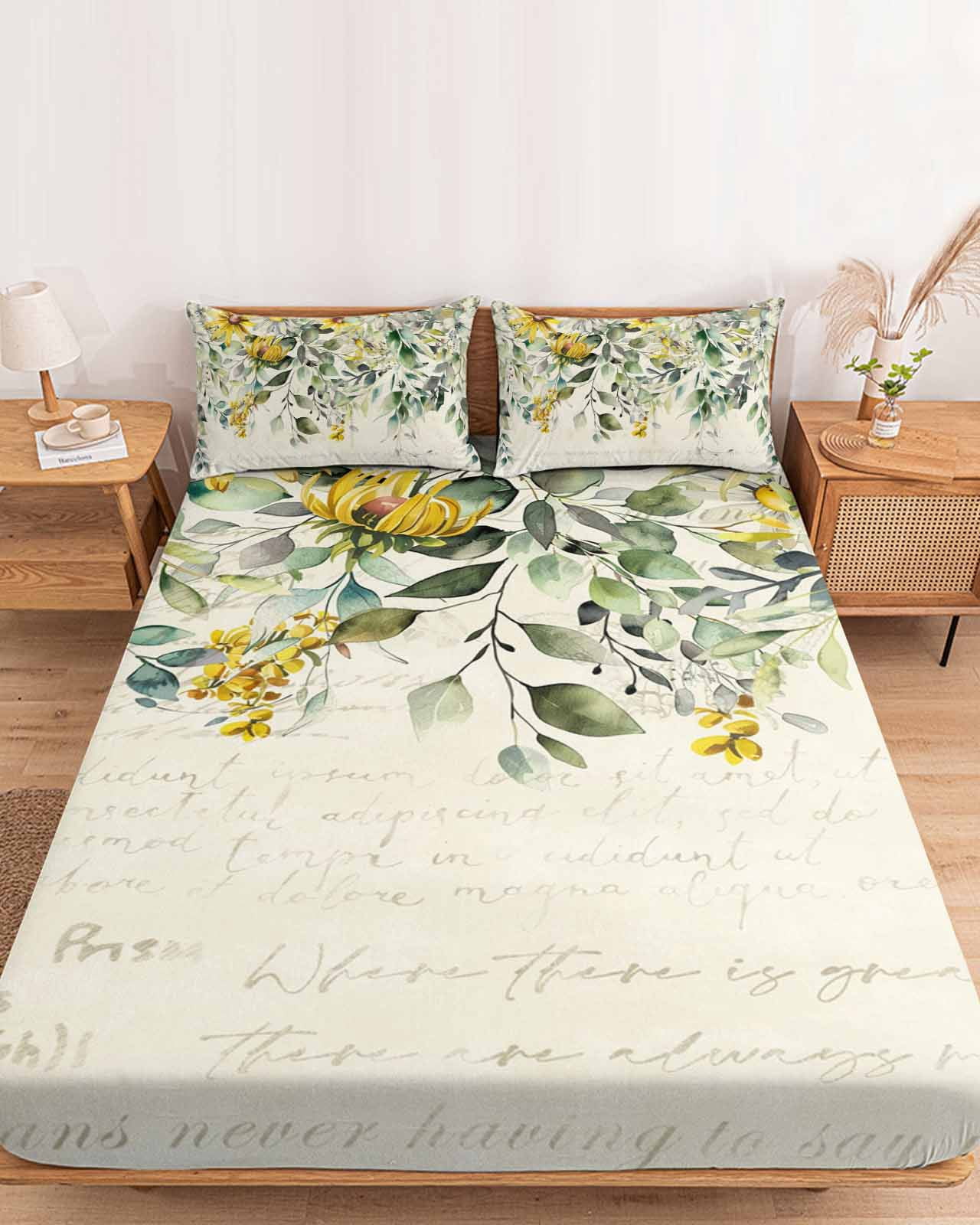 Queen Size Fitted Sheet Set - Green Eucalyptus Leaves 3 Piece Bedding Sets 16" Deep Pocket Fitted Sheet with 2 Pillowcases, Retro Rustic Botanical Floral Brushed Microfiber Hotel Luxury Bed Sheets