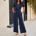 thumbnail image 4 of Women's Wide Leg Jumpsuit Pants Trousers Rompers Solid Color Casual Button V-Neck Work Office Business Casual Lounge Wear Travel Essentials for Women | Aestivo,Navy L, 4 of 9